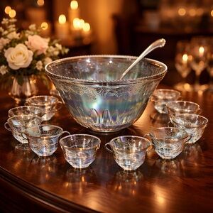 Vintage Indiana Blue Iridescent Carnival Glass Punch Bowl Set